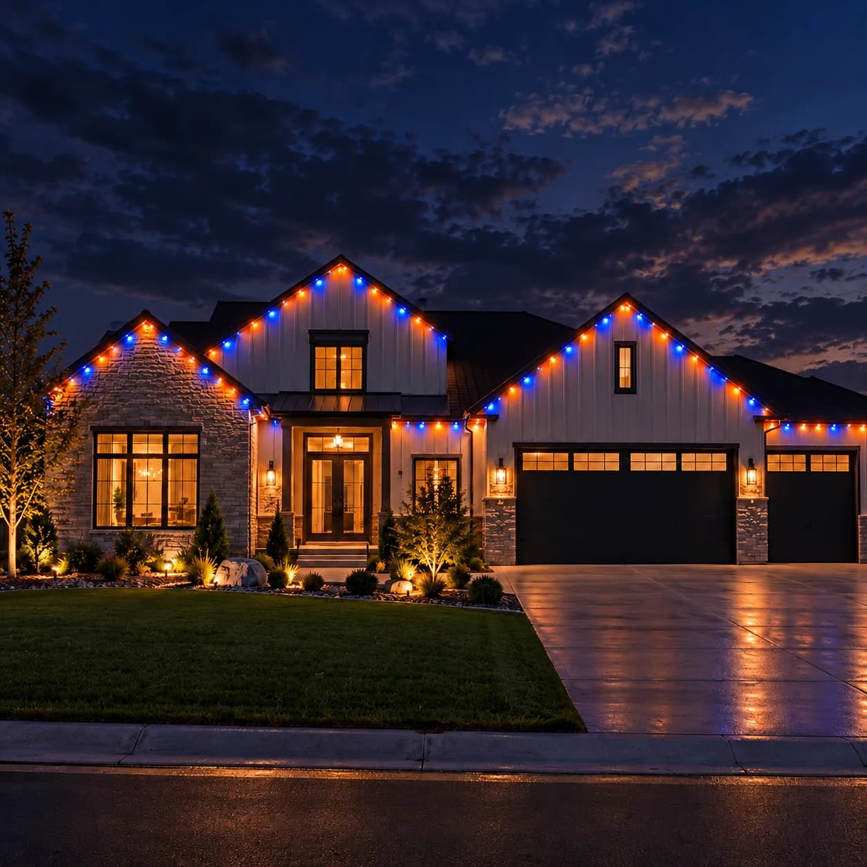 The same home lit for Fourth of July