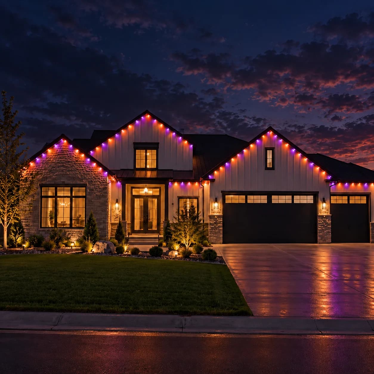 The same home lit for Halloween